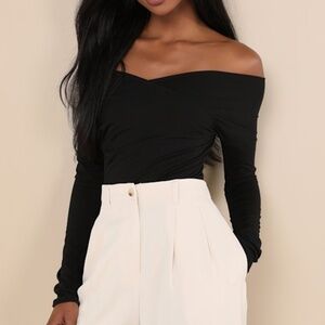 Lulus Designated Cutie Black Long Sleeve Off Shoulder Surplice Top - Size XL